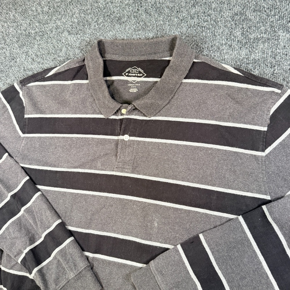 St. John's Bay Legacy Polo Shirt Mens 2XL Gray Striped Cotton Golf Long‎ Sleeve